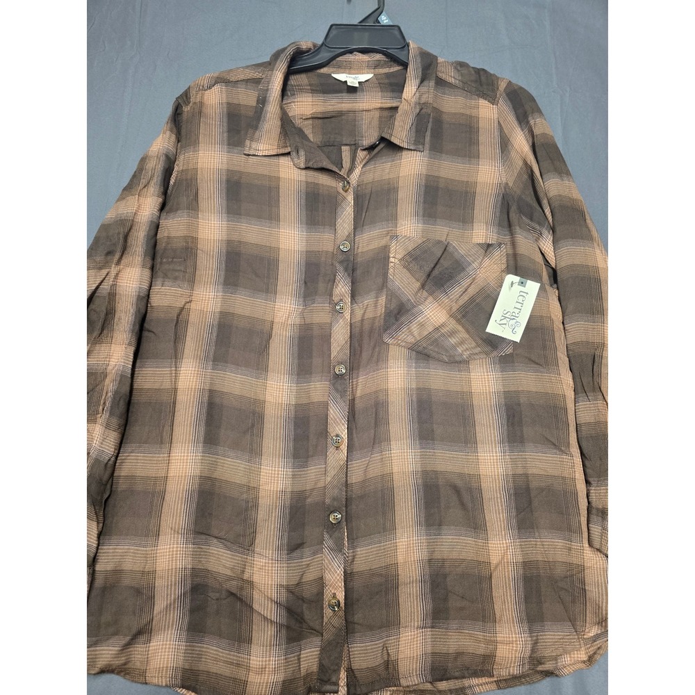 Terra & Sky Womens 3X Brown Plaid Long Sleeve Button Down Shirt NWT
